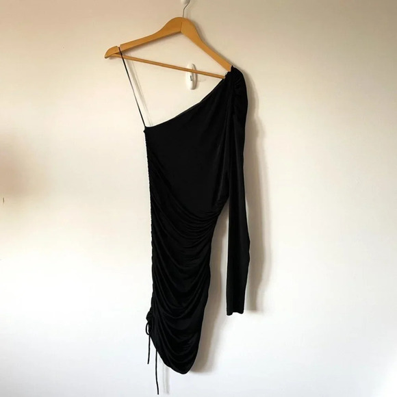 Zara Ruched Asymmetrical One Arm Stretch Mini Dress Black Sz S - Picture 3 of 7